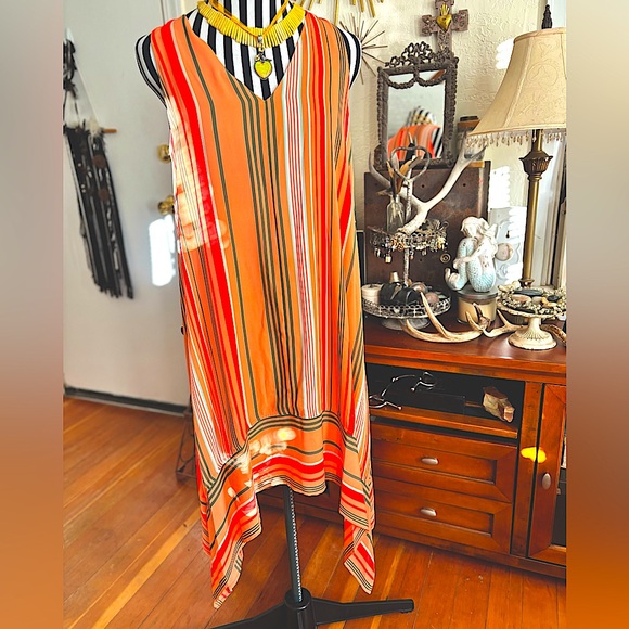 Vince Camuto Beautiful Fall Oranges Asymmetrical Tunic Striped Lined Dress XS/TP - Picture 5 of 16